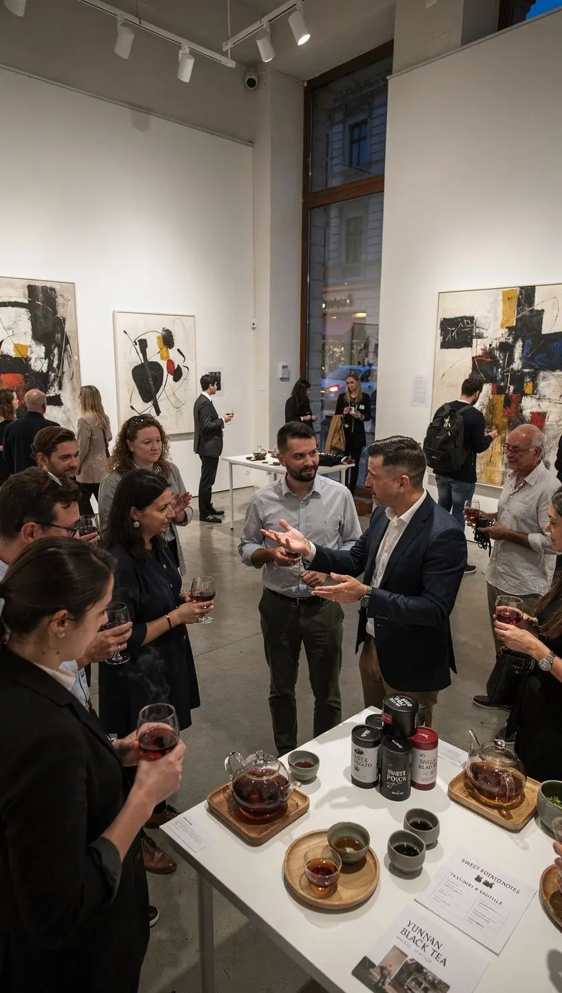 Egy csésze forró Yunnani fekete tea, mellette édesburgonya falatokkal.